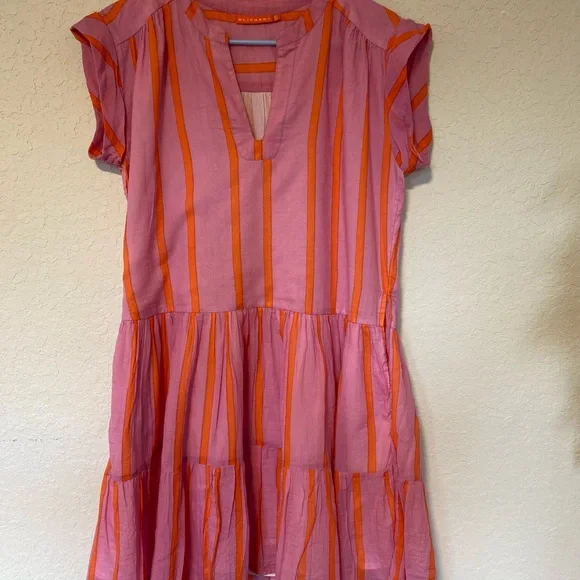 Playful Oliphant Roll Sleeve mini dress in Pink and Orange Stripes, 100% cotton - Picture 2 of 8